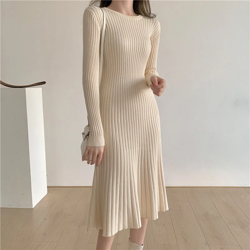 

Korean One-Piece O-Neck Ladies Casual Sweater Dress 2021 Autumn/Winter New Niche Mori Girl Thick Warm Pleated Base Knitted Dress