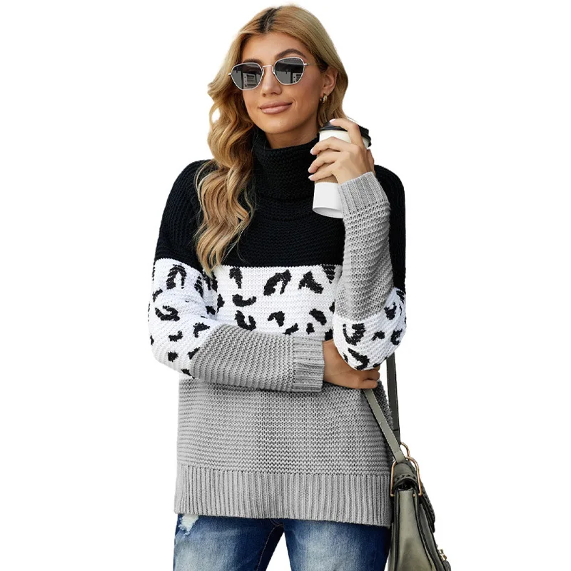 

Pullovers Women Turtleneck Sweaters Long Sleeve Patchwork Leopard Print Female Jumper Autumn Basic Top Soft Knitted Clothes