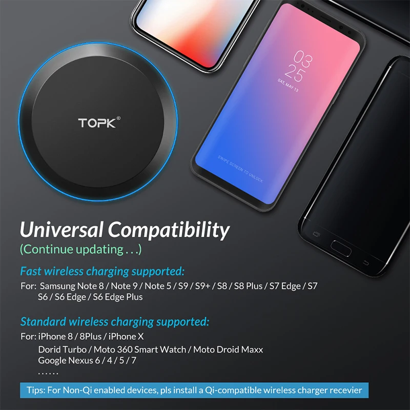 Быстрое беспроводное зарядное устройство TOPK 10 Вт для Samsung Galaxy S10 S20 S9 Note 9 USB