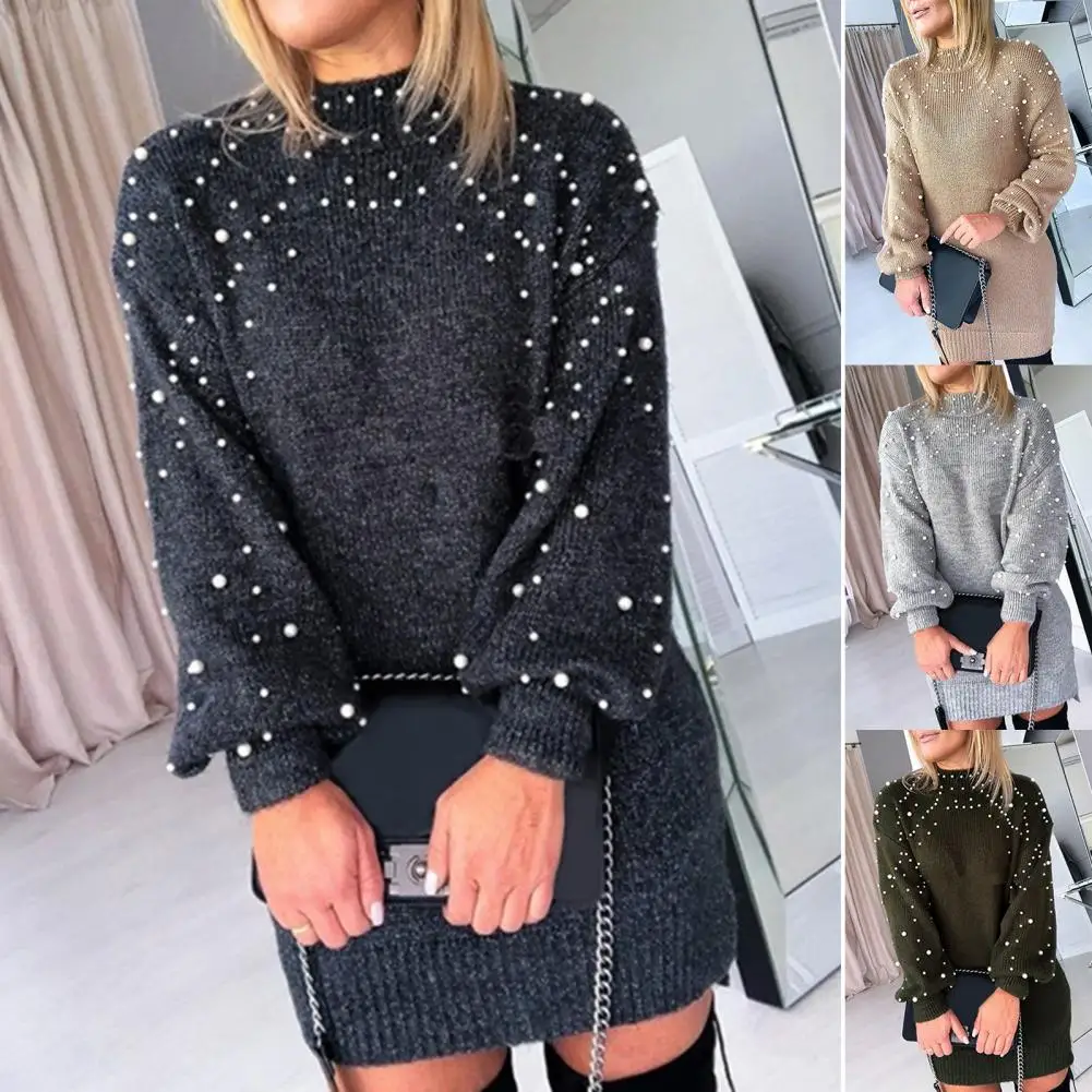 

Sweet Mini Sweater Dress Faux Pearl Decor Autumn Winter Half Turtleneck Knitted Dress for Daily Wear