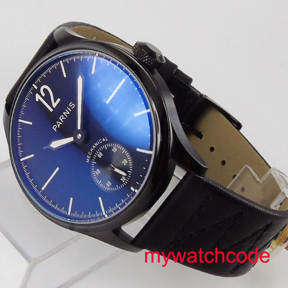 44 мм Parnis синий циферблат черный кожаный ремешок из нержавеющей стали чехол для