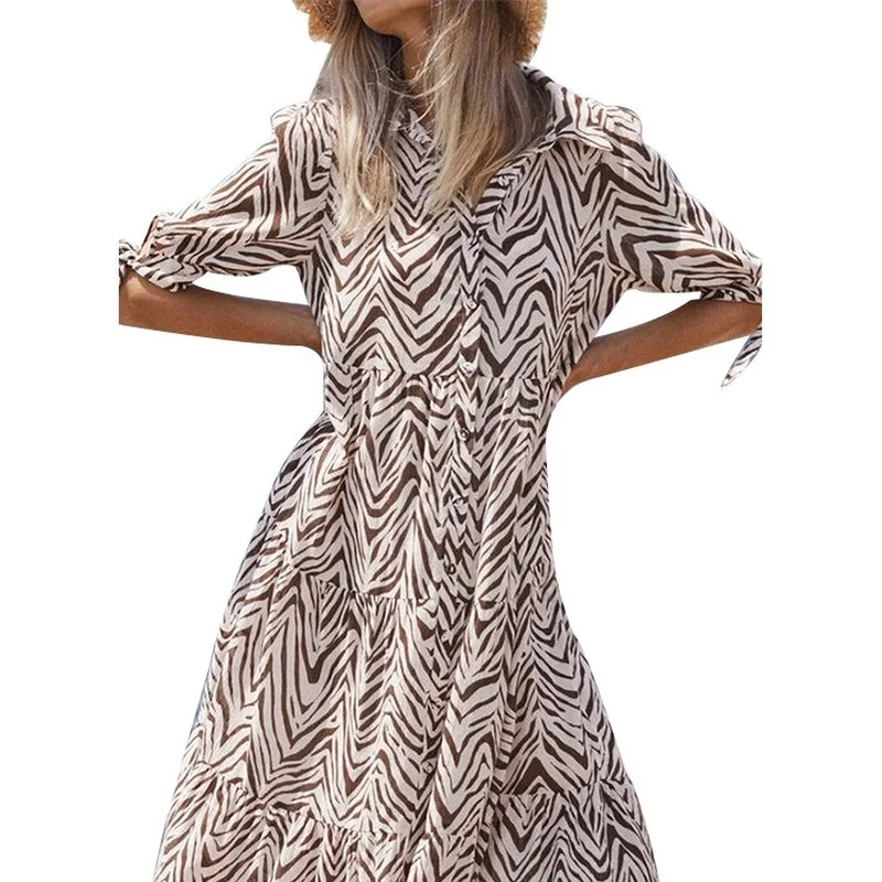 

Houthion Women's Dresses Print Midi Dress Loose Fashion High Waist A-Line Print Beach Style Mid-Calf New Three Quarter