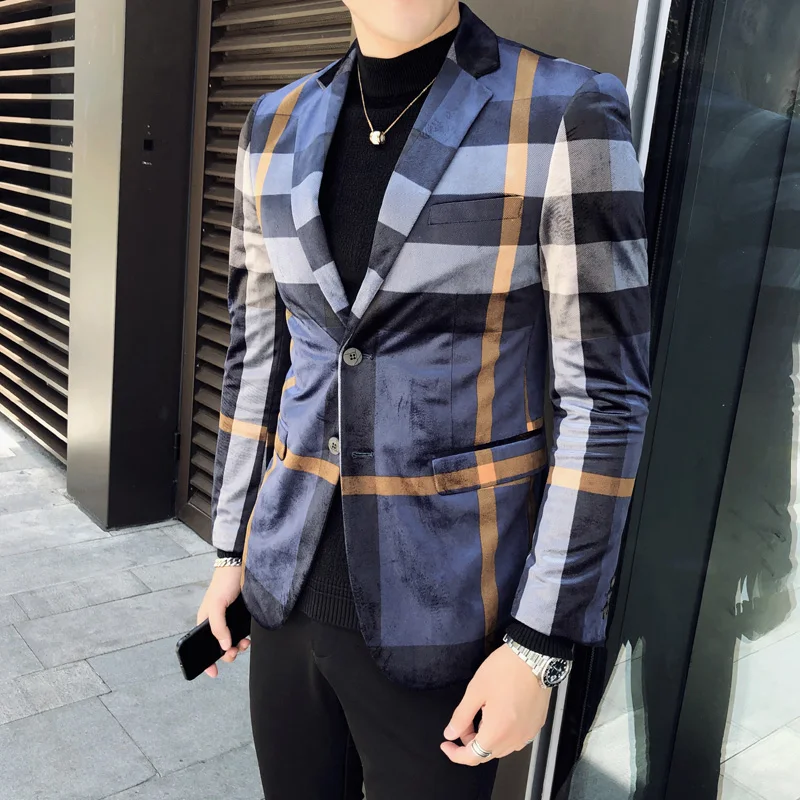 Новый мужской блейзер Роскошные клетчатые бархатные однобортные вечерние