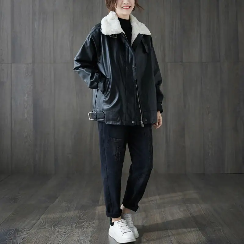 

Oversized PU Leather winter Jacket Coat Autumn Women Bomber Jackets and Coats Thick Flocking Fleece Outwear Warm Loose Overcoat