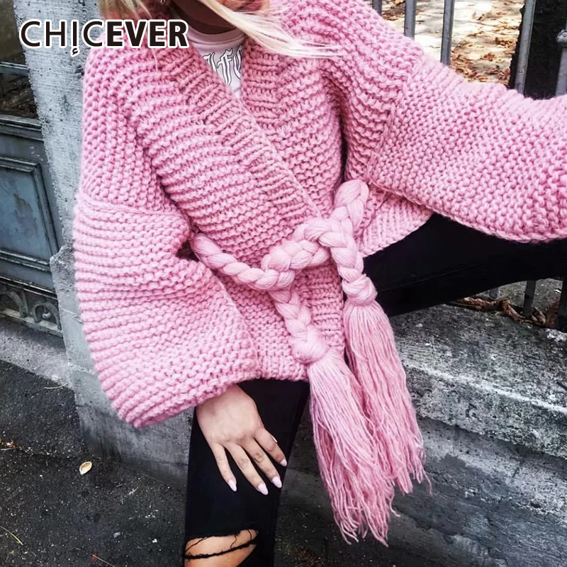 

CHICEVER корейский женский фонарик, свитер, длинный рукав, v-образный вырез, шнуровка, кисточка, негабаритный вязаный толстый кардиган для женщи...