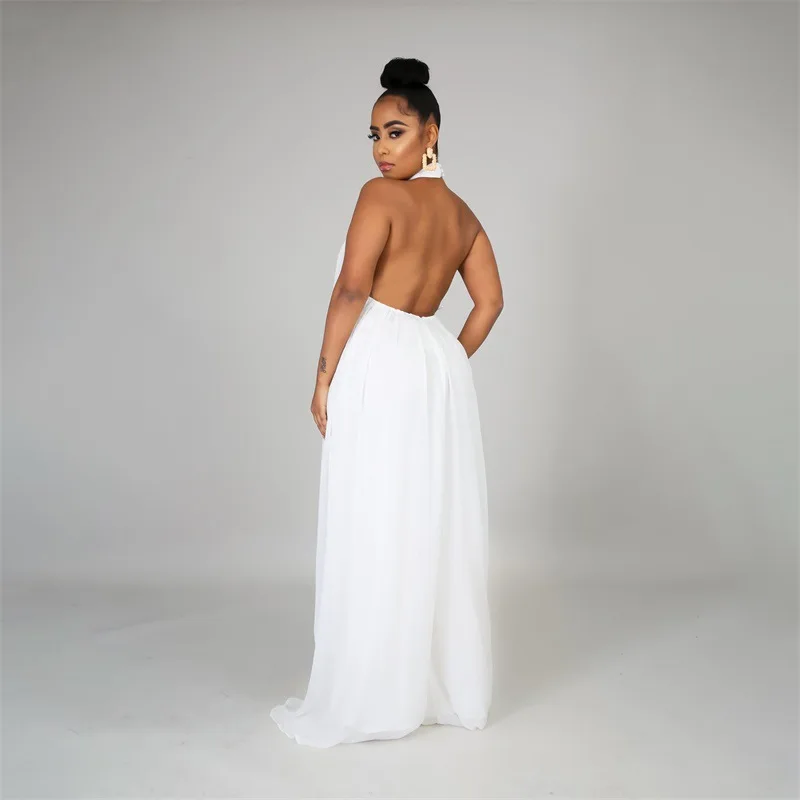 HAOOHU Spring Women Chiffon Halter Backless Jumpsuits Loose Style Long Overalls Elegant Party Club Wide Leg Jumpsuit