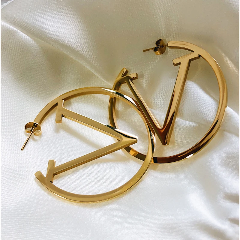 

2021 Stainless Steel Gold Hoop V Earrings For Women Simple Punk Style Fashion Gold Silver Ear Gift Party Jewelry