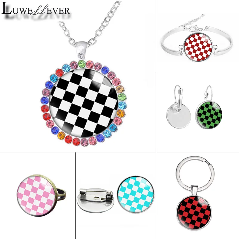 

New 604 Checkered Pattern Glass Necklace Bracelet 25mm Double Sided Round Glass Cabochon Jewelry For Unisex Charm Pendant