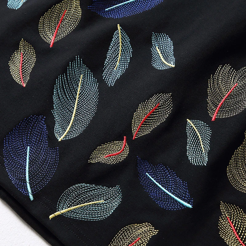 

office lady oversized dress plus size xxl 3xl 4xl 5xl three quarter sleeve Leaves Embroidery a-line korean spring autumn dress