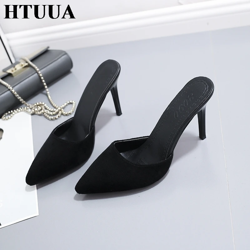 HTUUA/Новинка года; женские туфли без задника; шлепанцы на высоком каблуке; летние шлепанцы; пикантные туфли-лодочки; шлепанцы с леопардовым принтом; женские сандалии для улицы; SX2098