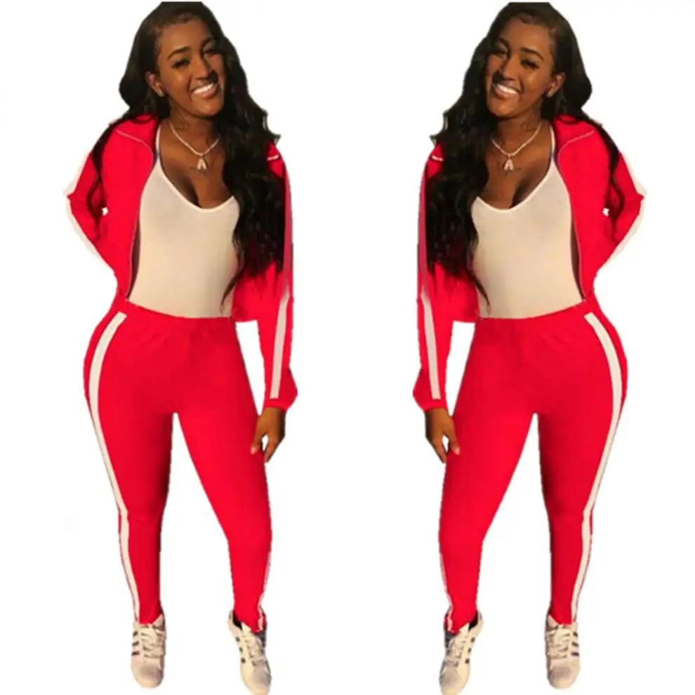 

QY5032 Fashion solid color stitching white stripe two-piece suit