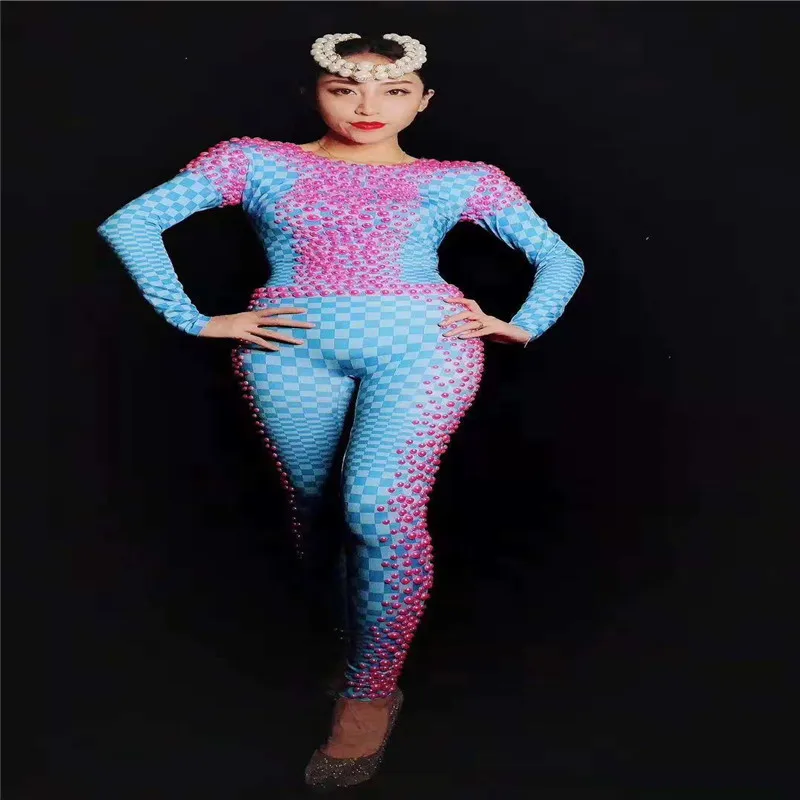 W60 сексуальный женский танцевальный сценический костюм синий комбинезон с