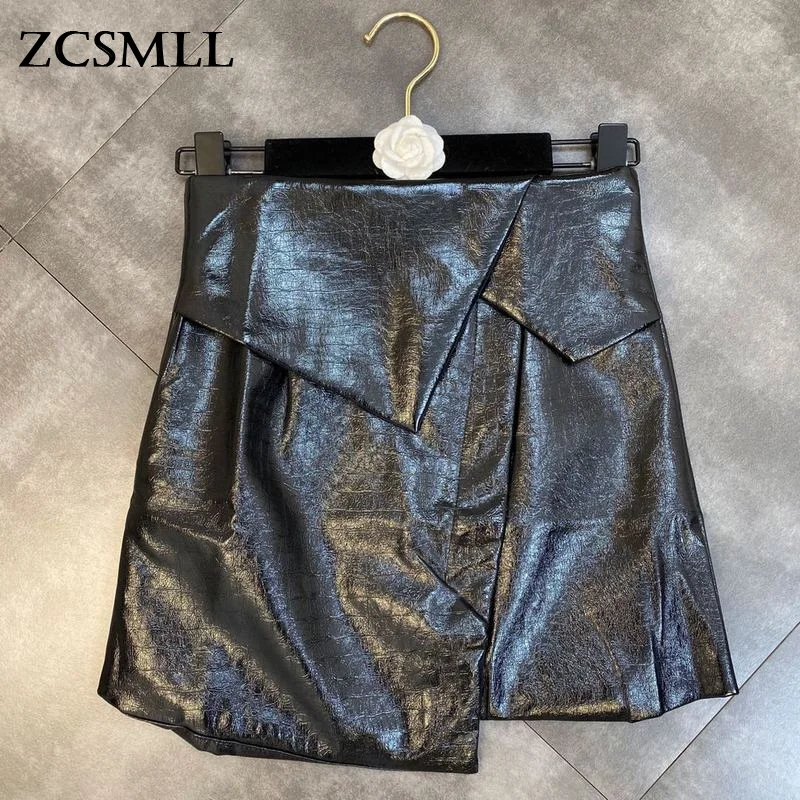 

ZCSMLL 2021 осенне-зимняя юбка с разрезом, несимметричная юбка с темными линиями, тонкая Яркая юбка из искусственной кожи для женщин