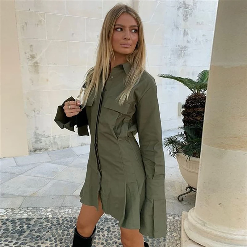 

Women's Pure Color Stand Collar Draw pleated waist sexy shirt dress