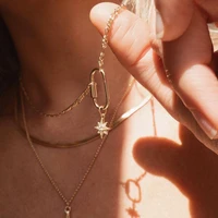 gold color european women fashion jewelry safety pin paper clip charm with cz star simple women chain necklace