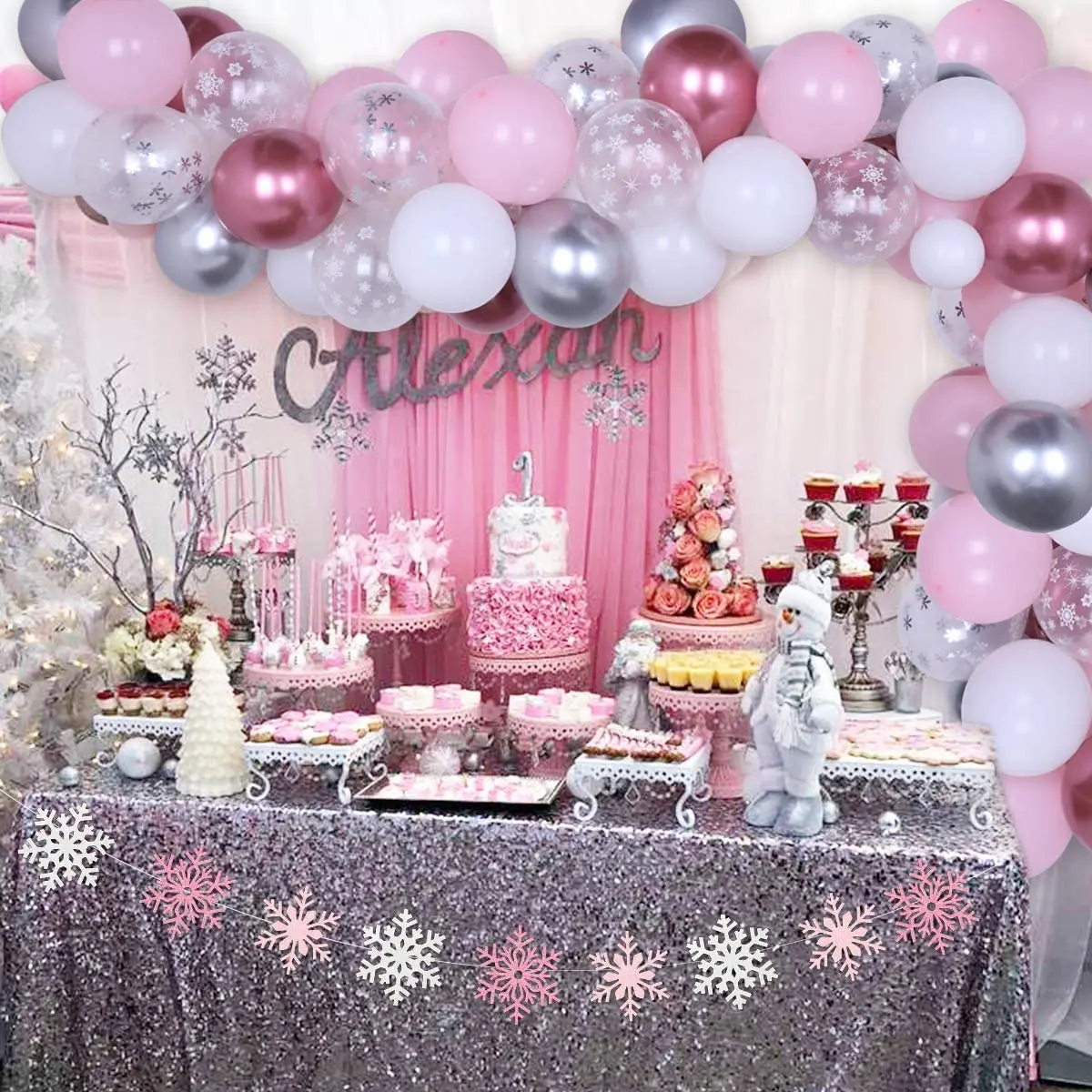 Suministros de fiesta de primer cumplea&ntilde;os con tem&aacute;tica de Frozen rosa, Kit de arco de guirnalda de globos, guirnalda de copo de nieve para ni&ntilde;a, decoraciones para fiesta de Baby Shower-3