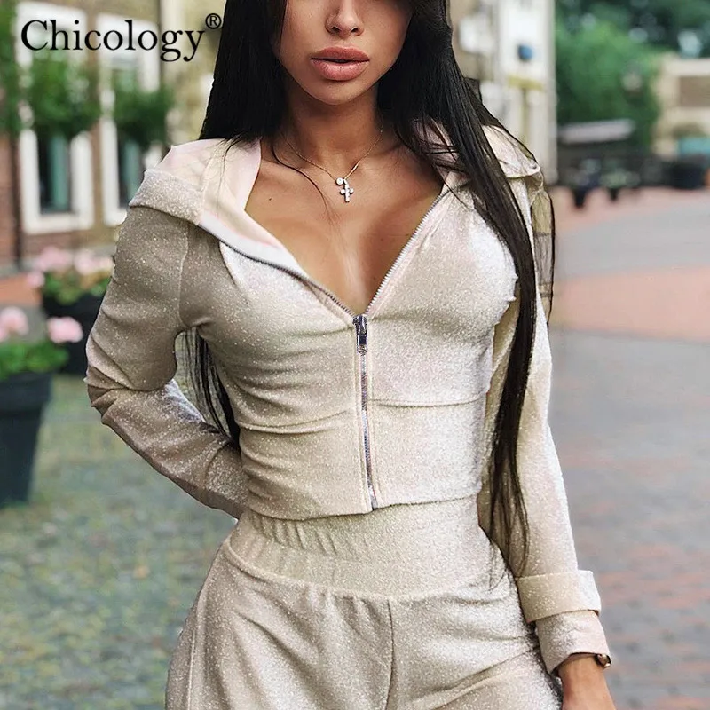 Chicology блеск толстовки кроп топ длинные штаны 2 комплект из двух предметов