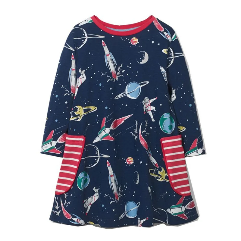 

New Dresses with Pockets Autumn Clothes for Girls Long Sleeve Fashion Cartoon Princess Frocks Kids Dress