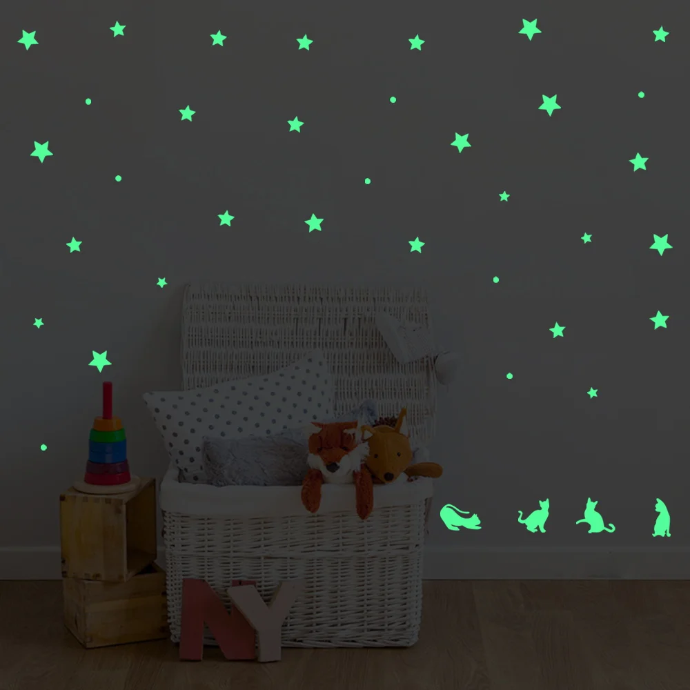 Светящаяся Наклейка на стену с милыми кошками и звездами для детской комнаты