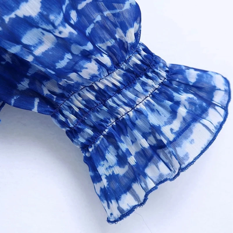 

Summer Women Tie Dye Printing Chiffon Short Shirt Female Nine Quarter Sleeve Blouse Casual Lady Slim Tops Blusas S8920