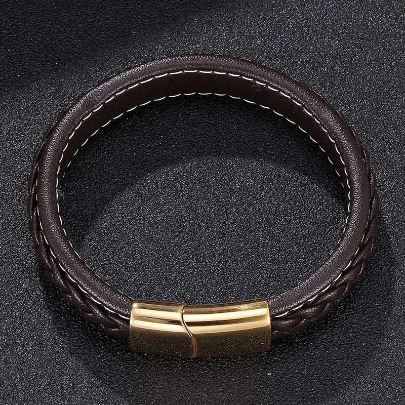 Trend Brown Leather Men Bracelet Gold Stainless Steel Magnetic Buckle Male Bangles Wristband Fashion Jewelry Gifts PD0215 | Украшения и