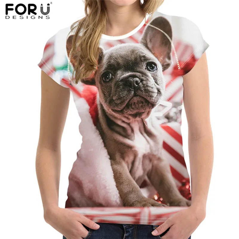 FORUDESIGNS/женская футболка; Рождественская Футболка с принтом щенка; Повседневная футболка с короткими рукавами и изображением животных; топы для девочек; женская футболка