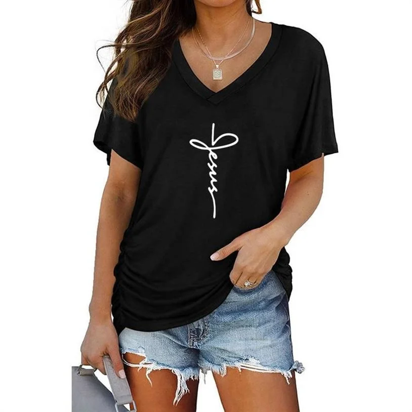 

Harajuku Women Faith Tops Short Sleeve Tshirt Jesus Letter Print T-Shirt For Women Summer Batwing Sleeve V-Neck Women Loose Tees
