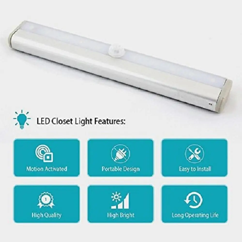 10 LED Human Motion Sense Closet Lights Wireless Cabinet Night/Stairs Bar With Magnetic Stripe Wardrobe Wall Lamp Lighting | Освещение