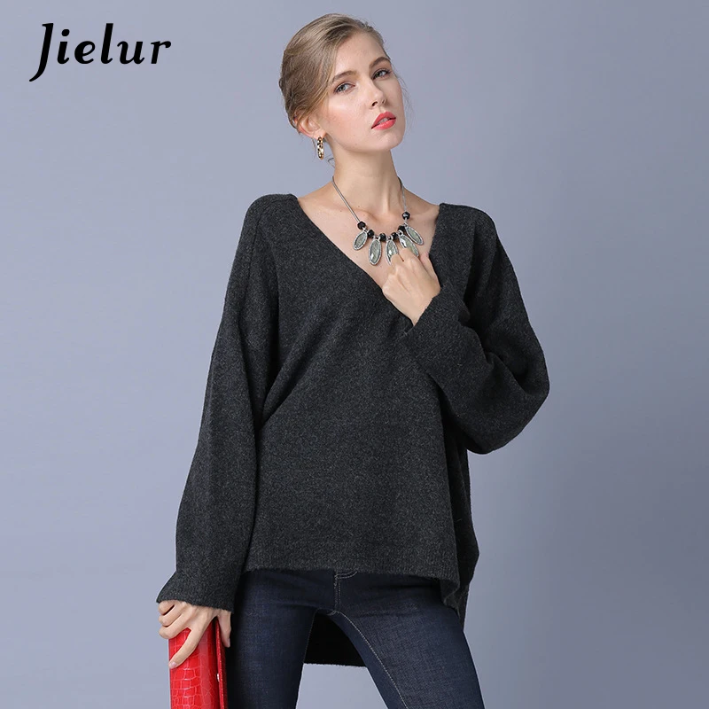 Jielur Europe Solid Color Women's Sweater Loose Split Knitted Pullovers Batwing Sleeve V-neck Simple Tops Jersey Mujer Invierno | Женская