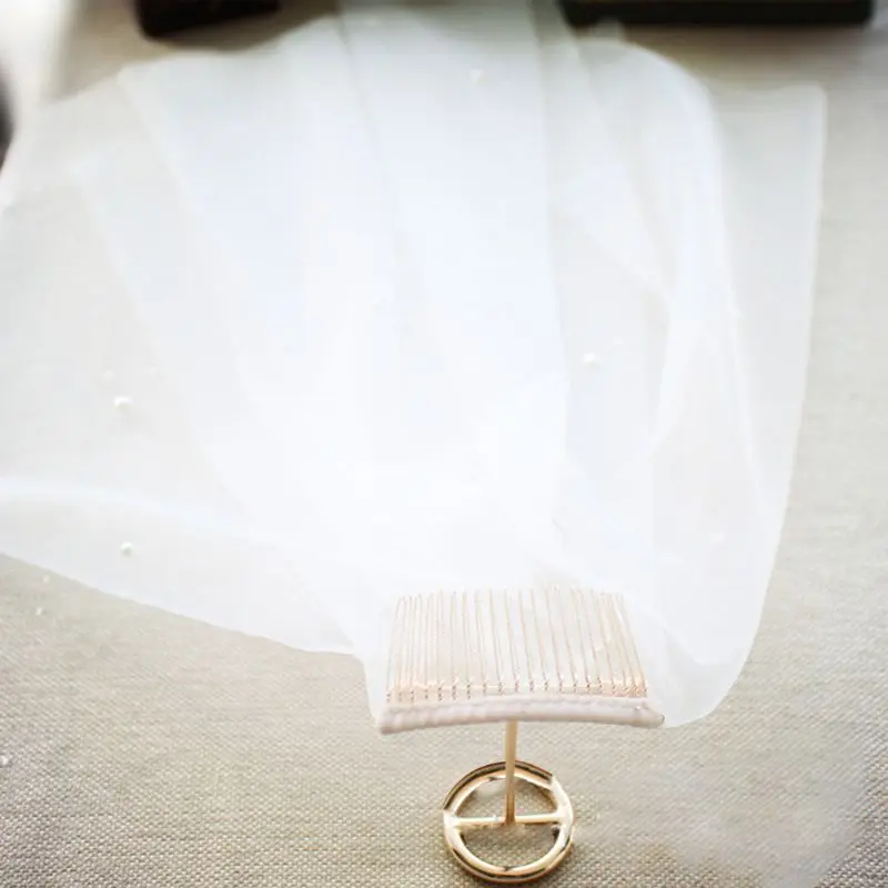 

Fresh Style 2 Tier Imitation Pearl Beaded Jewelry Soft Tulle Wedding Veil Cover Face Women Bridal Hair Accessories with Comb