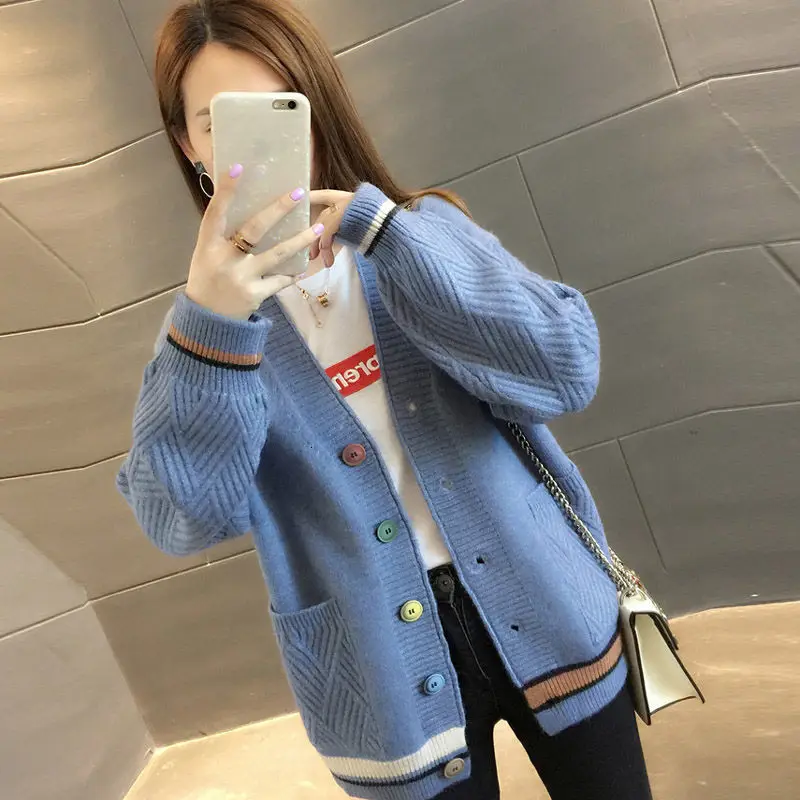 Knitted Cardigan Толстый кардиган женский весна осень длинный рукав вязанный v-образный вырез трикотажные женские шерстяные кофты Женский вязаный жакет Топы - Цвет: Knitted Cardigan