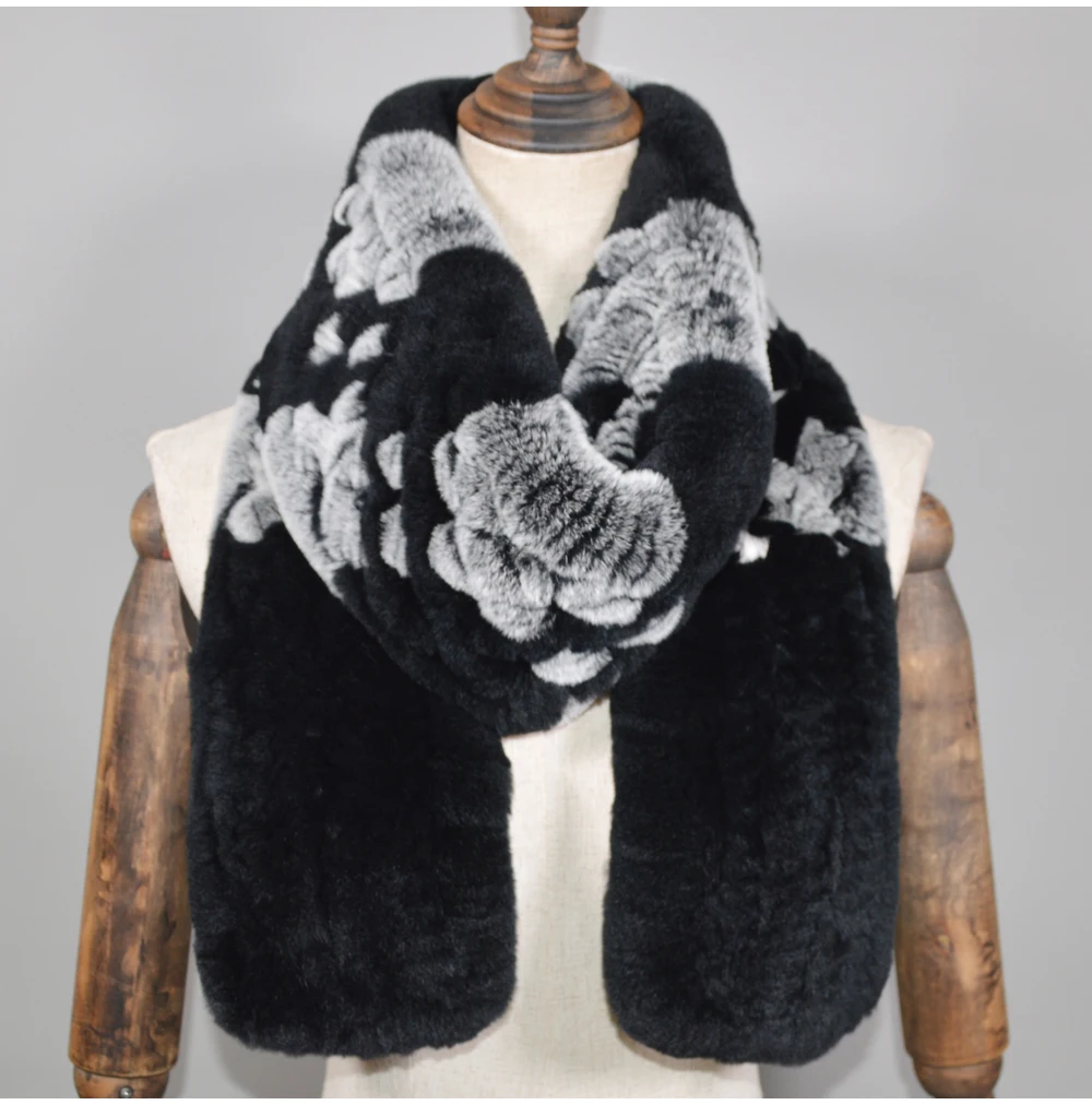 Winter Long Style Women Real Rex Rabbit Fur Scarf Rex Rabbit Fur Warm Soft Ring Scarfs High Quality Knit Rabbit Fur Scarves