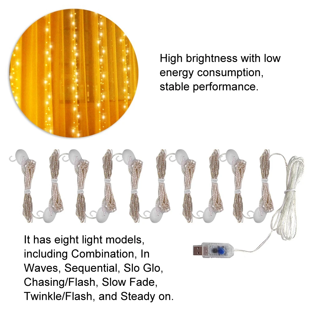 Светодиодная гирлянсветильник на батарейках медный провод 8 режимов 300