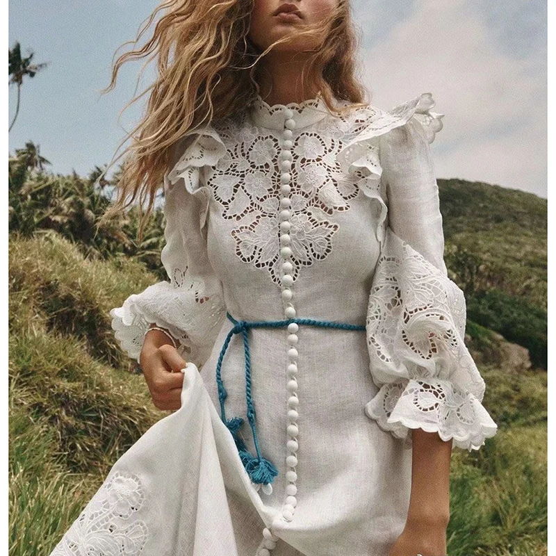 

Luxury Top Quality 9.15 White Embroidery Dresses 2021 Autumn Fashion Vacation Hollow Out Lantern Sleeve Elegant Designer Dress