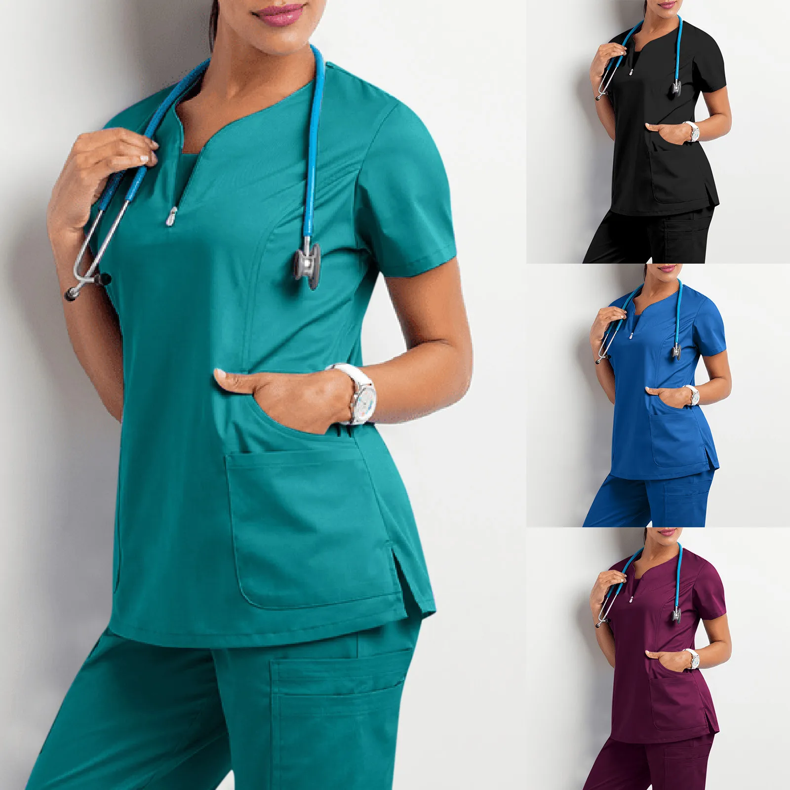 

Scrubs Medical Uniforms Women 2021 Short Sleeve V-Neck Pocket Care Workers T-Shirt Tops Summer uniformes de enfermera mujer A50