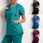 Медицинская Униформа скрабы для женщин 2021 с коротким рукавом с V-образным вырезом и карманами футболка для работников ухода топы Летняя униформа для медсестры A50