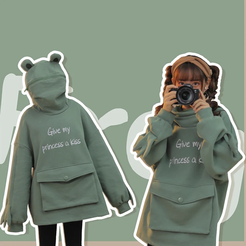 

2021 New Women Autumn Thick Loose Sweatshirt Harajuku Letters Printed Lovely Frog Casual Hooded Hoodies Pullover Female Thicken