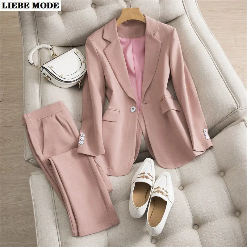 

Women Blazer and Pants Sets Office Lady Two Piece Jacket Trousers Formal Suit Spring Autumn Work Wear Pants Suits Pink Apricot