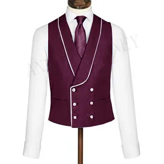 

Latest Coat Pant Designs Burgundy Men's Vest Double Breasted Suit Vests Shawl Lapel Waistcoat Slim Fit Sleeveless Coat Tuxedo