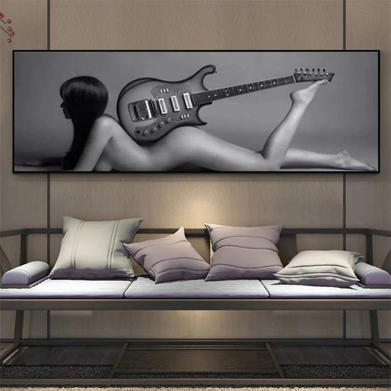 Sexy Nude Woman with Guitar Posters Wall Art Black and White Canvas Painting Modern Girl Nude Art Pictures for Living Room Decor