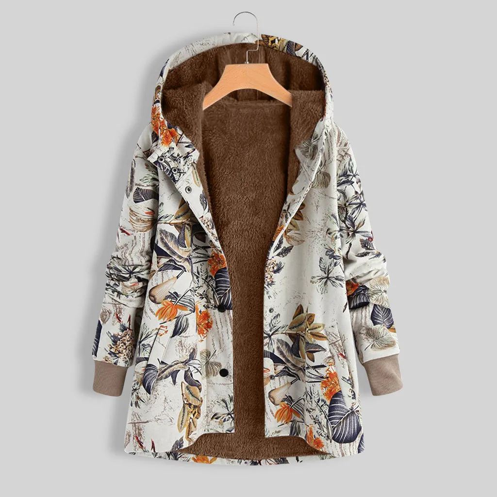 Женское пальто с принтом зимнее теплое винтажное карманами капюшоном Женская