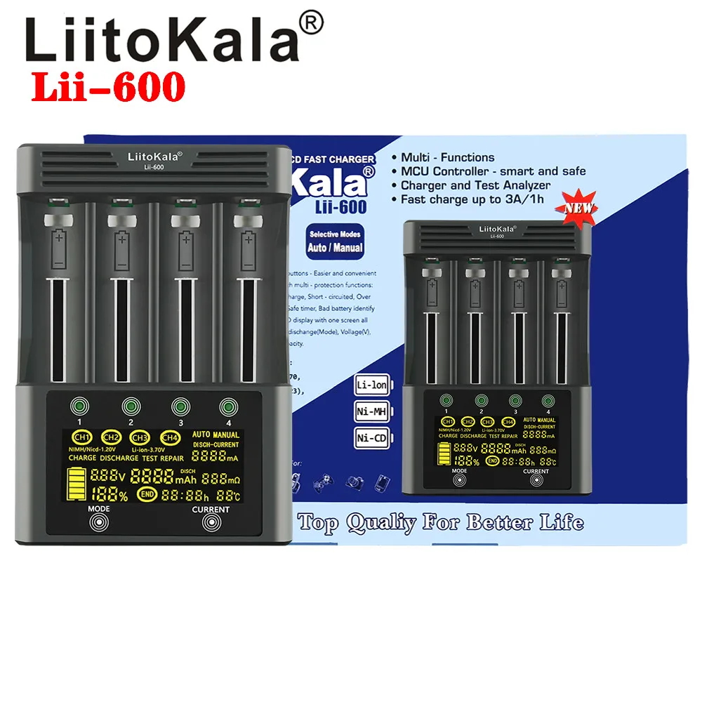 

LiitoKala lii-600 LCD 3.7V/1.2V AA/AAA 18650/26650/16340/14500/10440/18500 Battery Charger with screen+12V3A adapter