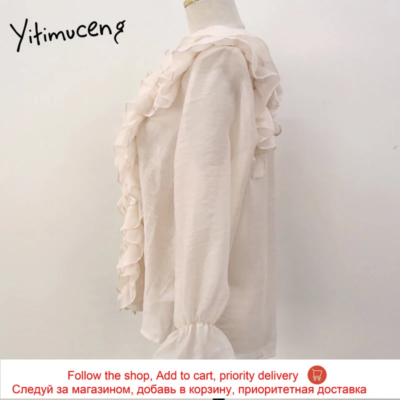 

Yitimuceng Ruffles Blouse Woman Oversize Office Lady Tops Fashion Long Flare Sleeve V-Neck Shirts Solid Pink 2021 Spring Summer