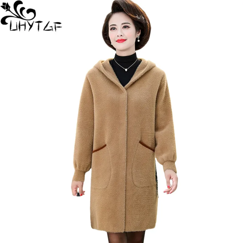 

UHYTGF Coat female quality mink fleece autumn winter wool jacket woman double-sided cashmere casual 6XL plus size outerwear 1045