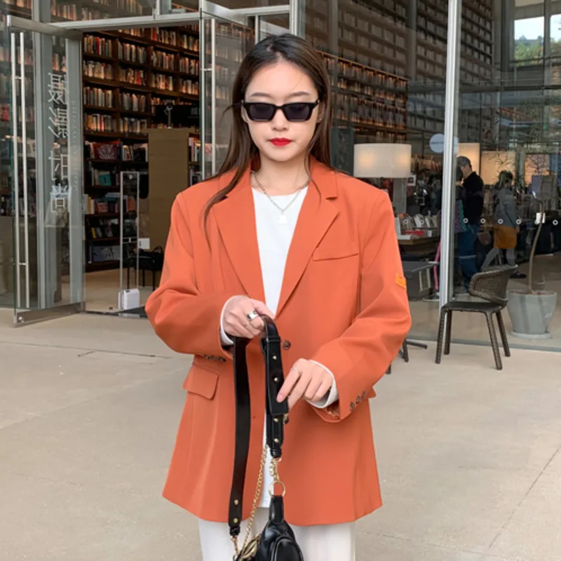 

Women Orange Minimalist Blazer Coat Notched Collar Long-sleeved Single Breasted Loose Suit Outwear 2021 Spring Autumn Chaquetas