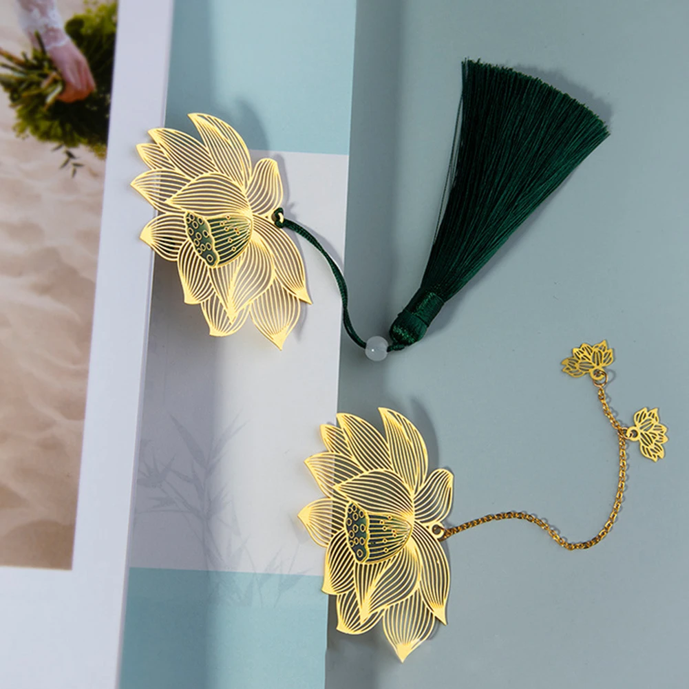 Color Lotus Tassel Bookmark Chinese Retro Style Brass Creative Flower Specimens Book Mark Stationery School Office Supply |