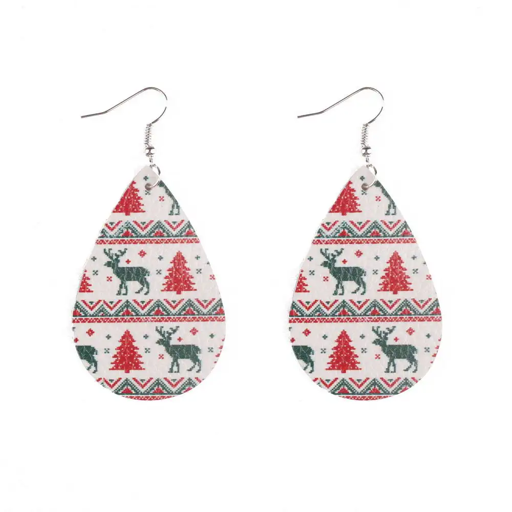 

E7541 ZWPON PU Leather Teardrop Christmas Earrings 2020 Christmas Deer Tree Print Vegan Leather Earrings Wholesale Jewelry