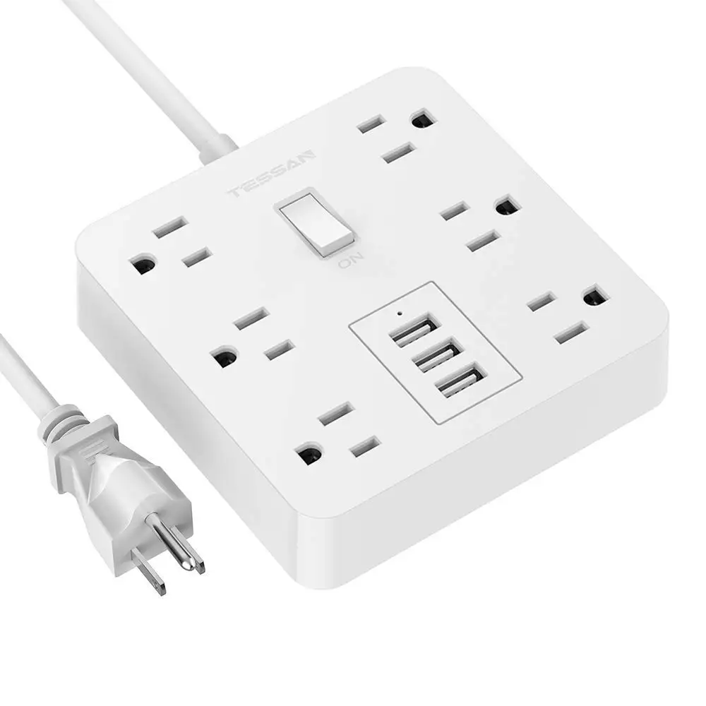 

TESSAN Multi Sockets Surge Protector Power Strip with 6 Widely Spaced Outlets 3 USB Charging Ports 1.2m/4ft Extension Cord White