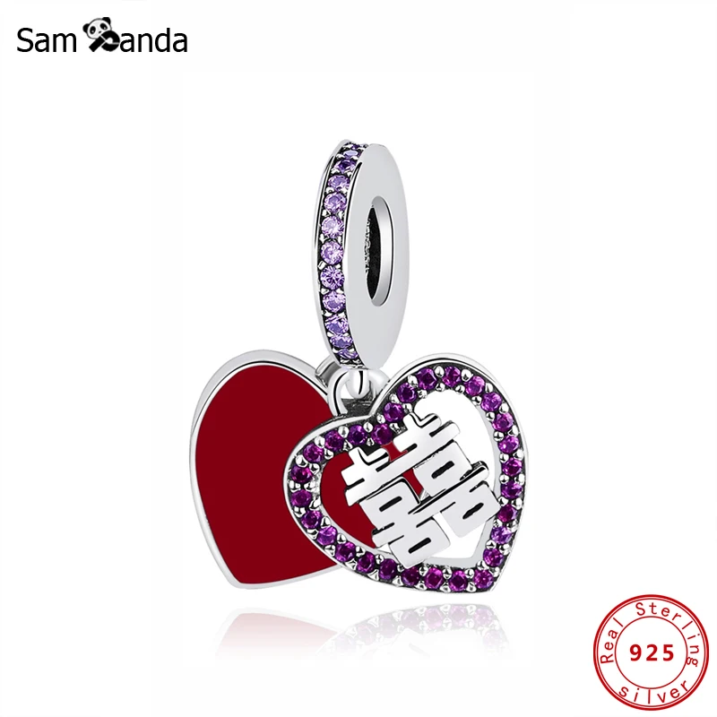 

Original 100% 925 Sterling Silver Bead Charm Double Happiness Heart Pendant Chinese Charms Fit Bracelets Women Jewelry