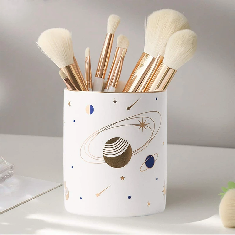 

2 Pack Round Pen Holder Stand, Universe Pattern Makeup Brush Holder Desk Accessories Pencil Cup (White)